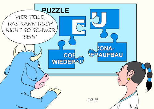 Cartoon: EU-Puzzle (medium) by Erl tagged politik,corona,virus,pandemie,gesundheit,einbruch,wirtschaft,konjunktur,eu,gipfel,beratung,wiederaufbau,geld,hilfen,streit,darlehen,schulden,eurobonds,sparkurs,solidarität,spaltung,nord,süd,ost,west,puzzle,europa,stier,karikatur,erl,politik,corona,virus,pandemie,gesundheit,einbruch,wirtschaft,konjunktur,eu,gipfel,beratung,wiederaufbau,geld,hilfen,streit,darlehen,schulden,eurobonds,sparkurs,solidarität,spaltung,nord,süd,ost,west,puzzle,europa,stier,karikatur,erl