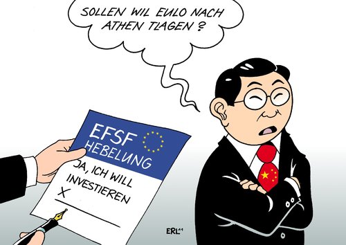 Cartoon: EU China (medium) by Erl tagged eu,euro,rettungsschirm,efsf,hebel,hebelung,investor,china,eulen,nach,athen,tragen,griechenland,eu,euro,rettungsschirm,efsf,hebel,investor,china,eulen,nach,athen,tragen