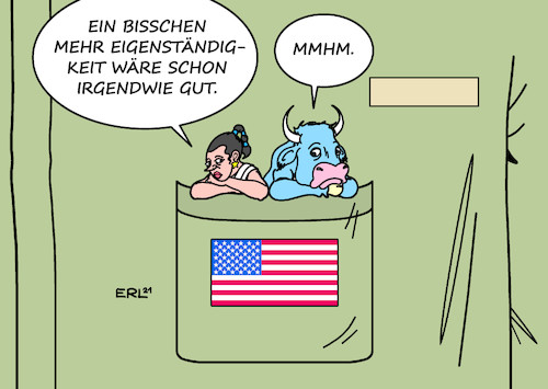 Cartoon: EU Eigenständigkeit (medium) by Erl tagged politik,afghanistan,abzug,usa,nato,evakuierung,abhängigkeit,eu,staaten,diskussion,eigenständigkeit,eingreiftruppe,europa,stier,tasche,karikatur,erl,politik,afghanistan,abzug,usa,nato,evakuierung,abhängigkeit,eu,staaten,diskussion,eigenständigkeit,eingreiftruppe,europa,stier,tasche,karikatur,erl