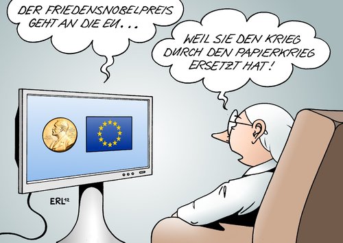 Cartoon: EU Frieden (medium) by Erl tagged friedensnobelpreis,eu,europa,frieden,menschenrechte,krieg,euro,krise,schulden,währung,eurozone,bürokratie,papierkrieg,bürger,euroskeptiker,tv,fernsehen,friedensnobelpreis,eu,europa,frieden,menschenrechte,krieg,euro,krise,schulden,währung,eurozone,bürokratie,papierkrieg,bürger,euroskeptiker,tv,fernsehen