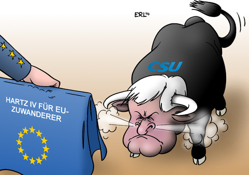 Cartoon: EU Hartz IV (medium) by Erl tagged europa,blau,rot,tuch,stierkampf,stier,wütend,rechtspopulismus,populismus,missbrauch,angst,bayern,ministerpräsident,seehofer,horst,csu,widerstand,deutschland,erleichterung,zuwanderer,arbeitslose,sozialleistungen,gutachten,eugh,gerichtshof,eu,eu,gerichtshof,eugh,gutachten,sozialleistungen,arbeitslose,zuwanderer,erleichterung,deutschland,widerstand,csu,horst,seehofer,ministerpräsident,bayern,angst,missbrauch,populismus,rechtspopulismus,wütend,stier,stierkampf,tuch,rot,blau