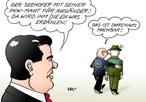 Cartoon: EU PKW-Maut (medium) by Erl tagged csu,pkw,maut,ausländer,eu,recht,cdu,spd,sigmar,gabriel,eukommissar,rückendeckung,horst,seehofer,auto,autobahn,kfz,steuer,koalition,schwarz,rot,csu,pkw,maut,ausländer,eu,recht,cdu,spd,sigmar,gabriel,eukommissar,rückendeckung,horst,seehofer,auto,autobahn,kfz,steuer,koalition,schwarz,rot