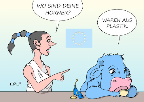 Cartoon: EU Plastikverbot (medium) by Erl tagged politik,umwelt,umweltschutz,ökologie,müll,plastik,plastikmüll,mikroplastik,meer,nahrungskette,tier,mensch,gesundheit,gefahr,eu,parlament,abstimmung,verbot,einwegplastik,wegwerfplastik,europa,stier,hörner,karikatur,erl,politik,umwelt,umweltschutz,ökologie,müll,plastik,plastikmüll,mikroplastik,meer,nahrungskette,tier,mensch,gesundheit,gefahr,eu,parlament,abstimmung,verbot,einwegplastik,wegwerfplastik,europa,stier,hörner,karikatur,erl