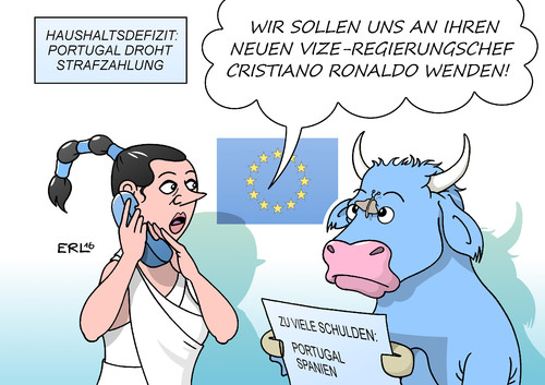 Cartoon: EU Portugal (medium) by Erl tagged erl,karikatur,stier,europa,titel,sieg,wunder,trainer,cotrainer,auswechslung,motte,tränen,ronaldo,cristiano,verletzung,frankreich,finale,2016,em,fußball,sport,schulden,haushaltsdefizit,defizit,haushalt,portugal,spanien,strafzahlung,androhung,eu,eu,androhung,strafzahlung,spanien,portugal,haushalt,defizit,haushaltsdefizit,schulden,sport,fußball,em,2016,finale,frankreich,verletzung,cristiano,ronaldo,tränen,motte,auswechslung,coaching,zone,cotrainer,trainer,sieg,titel,vize,regierungschef,europa,stier,karikatur,erl