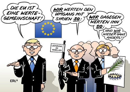 Cartoon: EU Syrien (medium) by Erl tagged bürgerkrieg,syrien,diktator,assad,rebellen,eu,außenpolitik,uneinigkeit,wertegemeinschaft,wertung,werten,waffenlieferung,verhandlungen,politik,europa,syrien,bürgerkrieg,diktator,assad,rebellen,eu,außenpolitik,uneinigkeit,wertegemeinschaft,wertung,werten,waffenlieferung,verhandlungen,politik,europa