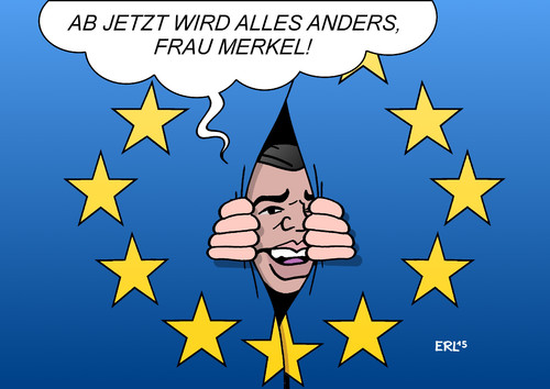 Cartoon: EU Tsipras (medium) by Erl tagged griechenland,regierung,neu,alexis,tsipras,ministerpräsident,optimismus,psychologie,konfrontation,eu,sparkurs,sanktionen,russland,veränderung,karikatur,erl,griechenland,regierung,neu,alexis,tsipras,ministerpräsident,optimismus,psychologie,konfrontation,eu,sparkurs,sanktionen,russland,veränderung