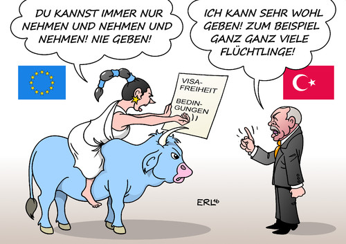 Cartoon: EU Türkei (medium) by Erl tagged eu,flüchtlinge,syrien,abkommen,deal,türkei,rücknahme,visafreiheit,bedingungen,terror,gesetze,änderung,ablehnung,drohung,präsident,erdogan,europa,stier,karikatur,erl,eu,flüchtlinge,syrien,abkommen,deal,türkei,rücknahme,visafreiheit,bedingungen,terror,gesetze,änderung,ablehnung,drohung,präsident,erdogan,europa,stier,karikatur,erl