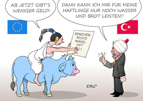 Cartoon: EU Türkei (medium) by Erl tagged eu,gipfel,beschluss,geld,zahlungen,kuerzung,türkei,präsident,erdogan,putschversuch,säuberung,verhaftungen,präsidialsystem,beschneidung,grundrechte,pressefreiheit,meinungsfreiheit,lage,situation,menschenrechte,absolut,unzufriedenstellend,gefängnis,häftlinge,wasser,brot,europa,stier,karikatur,erl,eu,gipfel,beschluss,geld,zahlungen,kuerzung,türkei,präsident,erdogan,putschversuch,säuberung,verhaftungen,präsidialsystem,beschneidung,grundrechte,pressefreiheit,meinungsfreiheit,lage,situation,menschenrechte,absolut,unzufriedenstellend,gefängnis,häftlinge,wasser,brot,europa,stier,karikatur,erl