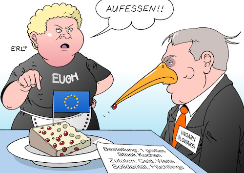 Cartoon: EuGH-Urteil (medium) by Erl tagged eu,europa,flüchtlinge,geflüchtete,verteilung,solidarität,egoismus,ungarn,slowakei,polen,tschechien,klage,eugh,aufnahme,asylbewerber,urteil,werte,vorteile,geld,transferleistungen,nachteile,drückeberger,rosinenpicker,rosinen,kuchen,bestellung,viktor,orban,bedienung,karikatur,erl,eu,europa,flüchtlinge,geflüchtete,verteilung,solidarität,egoismus,ungarn,slowakei,polen,tschechien,klage,eugh,aufnahme,asylbewerber,urteil,werte,vorteile,geld,transferleistungen,nachteile,drückeberger,rosinenpicker,rosinen,kuchen,bestellung,viktor,orban,bedienung,karikatur,erl