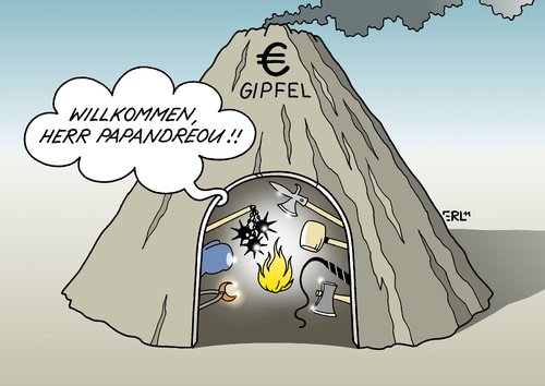 Cartoon: Euro-Gipfel (medium) by Erl tagged euro,schulden,krise,griechenland,rettungsschirm,papandreou,referendum,volksabstimmung,eu,schock,ärger,folterwerkzeug,feuer,vulkan,euro,schulden,krise,rettungsschirm,papandreou,referendum,volksabstimmung,eu,schock,ärger,folterwerkzeug