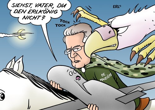 Cartoon: Euro Hawk (medium) by Erl tagged goethe,gedicht,sehen,pleitegeier,erlkönig,verschwendung,millionen,einstellung,drohne,hawk,euro,bundeswehr,maiziere,de,thomas,verteidigungsminister,verteidigungsminister,thomas,de,maiziere,bundeswehr,euro,hawk,drohne,einstellung,millionen,verschwendung,erlkönig,pleitegeier,sehen,gedicht,goethe