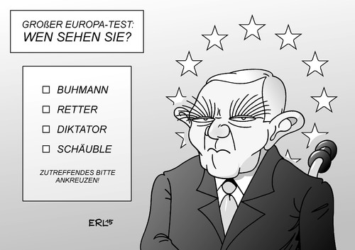 Cartoon: Europa-Test (medium) by Erl tagged eu,europa,euro,griechenland,regierung,tsipras,varoufakis,links,rechts,wahlversprechen,schulden,krise,troika,ezb,iwf,hilfe,kredit,bedingungen,sparkurs,reformen,deutschland,finanzminister,schäuble,bild,sichtweise,image,buhmann,retter,diktator,ankreuzen