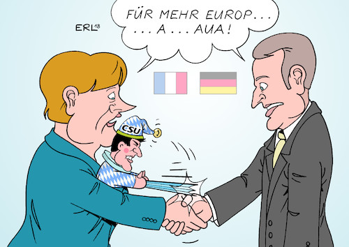 Cartoon: Europa CSU (medium) by Erl tagged politik,deutschland,streit,flüchtlingspolitik,asylmasterplan,flüchtlinge,grenze,innenminister,horst,seehofer,national,alleingang,bundeskanzlerin,merkel,cdu,europa,eu,recht,gemeinsam,treffen,frankreich,präsident,emmanuel,macron,mehr,ideen,haushalt,finanzen,widerstand,csu,markus,söder,ministerpräsident,bayern,karikatur,erl,politik,deutschland,streit,flüchtlingspolitik,asylmasterplan,flüchtlinge,grenze,innenminister,horst,seehofer,national,alleingang,bundeskanzlerin,merkel,cdu,europa,eu,recht,gemeinsam,treffen,frankreich,präsident,emmanuel,macron,mehr,ideen,haushalt,finanzen,widerstand,csu,markus,söder,ministerpräsident,bayern,karikatur,erl