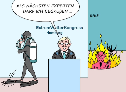 Cartoon: Extremwetterkongress (medium) by Erl tagged politik,klima,klimawandel,erderwärmung,hitze,dürre,starkregen,hochwasser,extremwetter,kongress,hamburg,redner,rednerin,experte,expertin,taucher,teufel,karikatur,erl,politik,klima,klimawandel,erderwärmung,hitze,dürre,starkregen,hochwasser,extremwetter,kongress,hamburg,redner,rednerin,experte,expertin,taucher,teufel,karikatur,erl