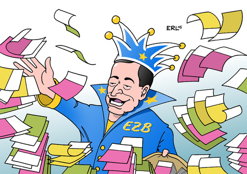 Cartoon: EZB (medium) by Erl tagged ezb,europäische,zentralbank,mario,draghi,geldpolitik,billig,geld,euro,bank,staatsanleihen,kauf,entlastung,länder,schulden,bekämpfung,deflation,förderung,inflation,karneval,faßnacht,fasching,bonbon,kamellen,geldscheine,stimmung,narrenkappe,karikatur,erl,ezb,draghi