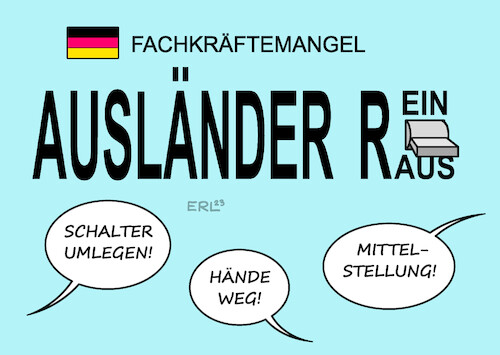 Cartoon: Fachkräfte (medium) by Erl tagged politik,fachkräfte,fachkräftemangel,einwanderung,gesetz,ampel,spd,grüne,fdp,kritik,cdu,csu,ablehnung,afd,ausländer,raus,rein,aus,ein,schalter,karikatur,erl,politik,fachkräfte,fachkräftemangel,einwanderung,gesetz,ampel,spd,grüne,fdp,kritik,cdu,csu,ablehnung,afd,ausländer,raus,rein,aus,ein,schalter,karikatur,erl