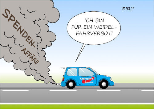 Cartoon: Fahrverbot (medium) by Erl tagged politik,partei,parteispenden,afd,vorsitzende,alice,weidel,kreisverband,spende,ausland,schweiz,belgien,rechtspopulismus,nationalismus,dieselaffäre,diesel,abgase,recht,gesetz,anwendung,gerichtsurteile,fahrverbote,auto,geld,finanzen,karikatur,erl,politik,partei,parteispenden,afd,vorsitzende,alice,weidel,kreisverband,spende,ausland,schweiz,belgien,rechtspopulismus,nationalismus,dieselaffäre,diesel,abgase,recht,gesetz,anwendung,gerichtsurteile,fahrverbote,auto,geld,finanzen,karikatur,erl