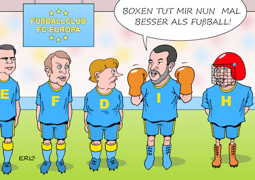 Cartoon: FC Europa (medium) by Erl tagged politik,eu,europäische,union,finanzen,geld,stabilität,kriterien,stabilitätskriterien,verletzung,italien,haushalt,schulden,wahlversprechen,regierung,koalition,movimento,stelle,lega,nord,rechtspopulismus,matteo,salvini,provokation,verein,sportverein,fußball,regeln,boxen,pedro,sanchez,emmanuel,macron,angela,merkel,viktor,orban,karikatur,erl,politik,eu,europäische,union,finanzen,geld,stabilität,kriterien,stabilitätskriterien,verletzung,italien,haushalt,schulden,wahlversprechen,regierung,koalition,movimento,stelle,lega,nord,rechtspopulismus,matteo,salvini,provokation,verein,sportverein,fußball,regeln,boxen,pedro,sanchez,emmanuel,macron,angela,merkel,viktor,orban,karikatur,erl