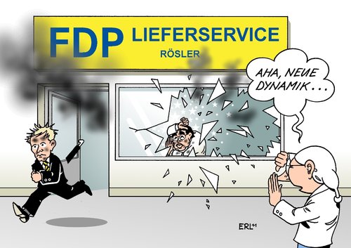 Cartoon: FDP (medium) by Erl tagged fdp,generalsekretät,christian,lindner,rücktitt,partei,vorsitz,philipp,rösler,lieferservice,liefern,laden,dynamik,fdp,generalsekretät,lindner,rücktitt,partei,rösler,lieferservice