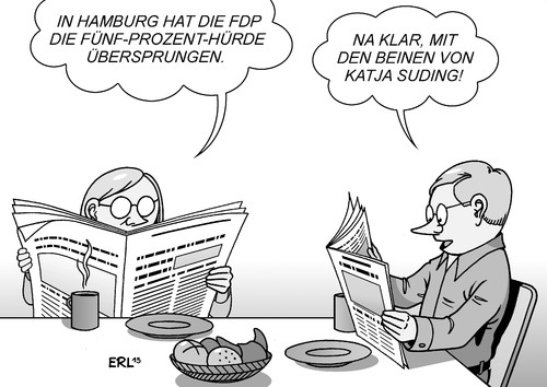 Cartoon: FDP Hamburg (medium) by Erl tagged hamburg,bürgerschaftswahl,wahl,bürgermeister,olaf,scholz,spd,cdu,grüne,afd,fdp,spitzenkandidatin,katja,suding,tagesschau,beitrag,beine,schönheit,entschuldigung,fünfprozenthürde,überspringen,frau,mann,zeitung