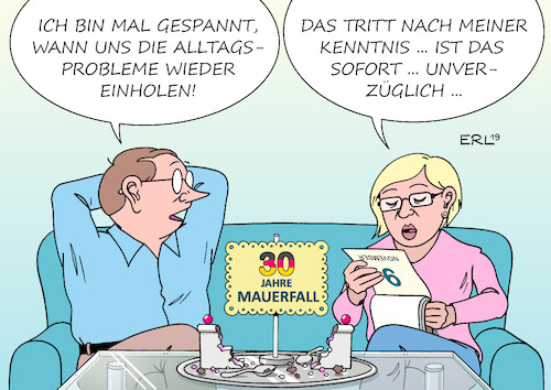 Cartoon: Feierstimmung (medium) by Erl tagged politik,deutschland,gedenken,30,jahre,mauerfall,november,1989,zettel,günter,schabowski,ende,kalter,krieg,zusammenwachsen,wiedervereinigung,feier,alltag,unterschiede,ost,west,probleme,bruch,biografie,angst,rechtspopulismus,afd,demokratie,karikatur,erl,politik,deutschland,gedenken,30,jahre,mauerfall,november,1989,zettel,günter,schabowski,ende,kalter,krieg,zusammenwachsen,wiedervereinigung,feier,alltag,unterschiede,ost,west,probleme,bruch,biografie,angst,rechtspopulismus,afd,demokratie,karikatur,erl