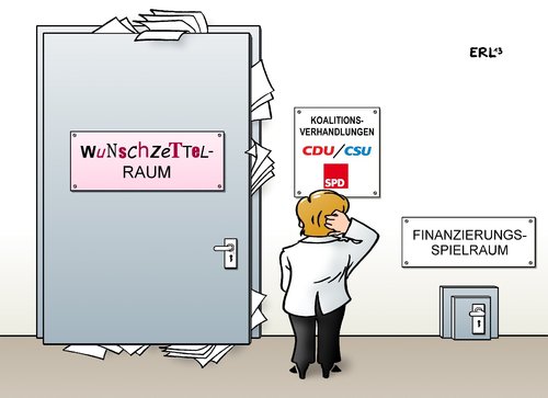 Cartoon: Finanzierung (medium) by Erl tagged cdu,csu,spd,koalition,koalitionsverhandlungen,wünsche,wunschzettel,wahlversprechen,politik,politikziel,ziel,konzept,finanzierung,spielraum,finanzierungsspielraum,geld,kosten,schulden,steuern,steuererhöhung,bundeskanzlerin,angela,merkel,dilemma,cdu,csu,spd,koalition,koalitionsverhandlungen,wünsche,wunschzettel,wahlversprechen,politik,politikziel,ziel,konzept,finanzierung,spielraum,finanzierungsspielraum,geld,kosten,schulden,steuern,steuererhöhung,bundeskanzlerin,angela,merkel,dilemma