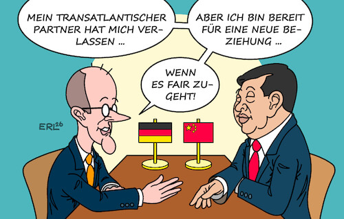 Cartoon: First Date (medium) by Erl tagged politik,kanzler,merz,besuch,china,xi,beziehung,handel,fairness,alternative,trump,usa,first,date,partner,karikatur,erl,politik,kanzler,merz,besuch,china,xi,beziehung,handel,fairness,alternative,trump,usa,first,date,partner,karikatur,erl