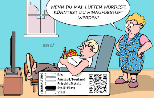 Cartoon: Fleischlogo (medium) by Erl tagged politik,landwirtschaft,ernährung,tierhaltung,logo,tierwohl,stall,platz,frischluft,auslauf,freiland,bio,fleisch,fleischkonsum,gesundheit,mensch,frau,mann,bewegungsmangel,fernsehen,karikatur,erl,politik,landwirtschaft,ernährung,tierhaltung,logo,tierwohl,stall,platz,frischluft,auslauf,freiland,bio,fleisch,fleischkonsum,gesundheit,mensch,frau,mann,bewegungsmangel,fernsehen,karikatur,erl