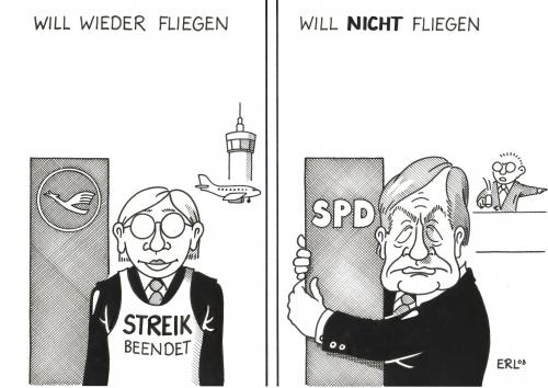 Cartoon: fliegen (medium) by Erl tagged lufthansa,streik,streikende,fliegen,clement,spd,parteiausschluss,wolfgang clement,spd,parteiausschluss,graf rotz,rauswurf,parteirauswurf,vizevorstizender,versöhnungsappell,parteischädigendes verhalten,steinkohlesubventionen,rwe,dussmann,landau media ag,untersuchungsausschuss,braunkohletagebau garzweiler ii,schröderianer,superminister,superministerium,bundesschiedskommission,rechtskräftig,parteiordnungsverfahren,parteiausschlussverfahren,ausschluss,parteikritik,parteiaustritt,linkenpartei,linke,ministerpräsident,arbeitsminister,wirtschaftsminister,bundesminister,andrea ypsilanti,rwe power ag,atomkraftausstieg,atomkraftausstiegskritik,energiepolitik,lobbyismus,lobbyist,nrw,nordrheinwestfalen,fdp,donner,gewitter,wolfgang,clement,graf,rotz,parteischädigendes,verhalten,landau,media,ag,braunkohletagebaus,garzweiler,ii,andrea,ypsilanti,power,verdi,ver di,streik,lufthansa,flugverkehr,pilotenstreik,stewardess,steward,flugstop,cityline,eurowings,flugverkehrverkehr,passagier,cockpit,billigflug,dumpingpreis,billigpreis,flugzeug,flug,fliegen,flugausfall,verspätung,tarifverhandlungen,turbulenz,abheben,flughafen,reise,bezahlung,lohn,kompromiss,kunde,fluggast,unzufrieden,ver,di,braunkohletagebau