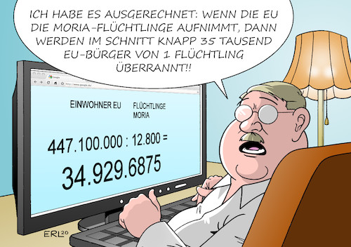 Cartoon: Flüchtlingsaufnahme (medium) by Erl tagged politik,eu,flüchtlinge,flüchtlingspolitik,schande,verrat,werte,humanität,solidarität,asylrecht,lager,moria,lesbos,griechenland,feuer,brand,aufmerksamkeit,frage,aufnahme,verteilung,zahlen,rechtspopulismus,angst,karikatur,erl