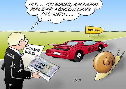 Cartoon: Fluthilfe (medium) by Erl tagged flut,hochwasser,hilfe,geld,fluthilfe,bürger,politik,beschluss,schnell,wahlen,bundestagswahl,2013,auto,sportwagen,ferrari,schnecke,fluthilfe