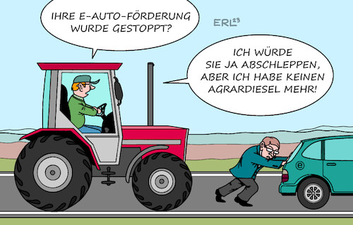 Cartoon: Förderfrust (medium) by Erl tagged politik,bundesregierung,ampel,spd,grüne,fdp,haushalt,umgehung,schuldenbremse,klage,cdu,karlsruhe,urteil,milliardenloch,sparen,kürzen,streichen,subventionen,agrardiesel,landwirtschaft,stopp,förderung,elektroauto,frust,karikatur,erl,politik,bundesregierung,ampel,spd,grüne,fdp,haushalt,umgehung,schuldenbremse,klage,cdu,karlsruhe,urteil,milliardenloch,sparen,kürzen,streichen,subventionen,agrardiesel,landwirtschaft,stopp,förderung,elektroauto,frust,karikatur,erl