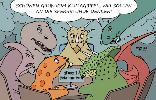 Cartoon: Fossilien (medium) by Erl tagged politik,klima,klimawandel,erderwärmung,co2,reduzierung,ausstieg,fossile,verbrennung,blockade,text,abschlusserklärung,klimagipfel,dubai,vereinigte,arabische,emirate,öl,gas,stammtisch,sperrstunde,karikatur,erl,politik,klima,klimawandel,erderwärmung,co2,reduzierung,ausstieg,fossile,verbrennung,blockade,text,abschlusserklärung,klimagipfel,dubai,vereinigte,arabische,emirate,öl,gas,stammtisch,sperrstunde,karikatur,erl