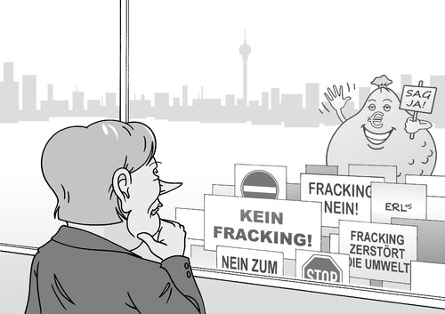 Cartoon: Fracking (medium) by Erl tagged fracking,erdgas,förderung,gesetz,ablehnung,bevölkerung,versuchung,geld,groß,winken,überzeugung,profit,kapitalismus,umwelt,schaden,grundwasser,chemikalien,bundeskanzleramt,bundeskanzlerin,angela,merkel,geldsack