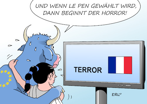 Cartoon: Frankreich (medium) by Erl tagged wahl,frankreich,eu,angst,wahlsieg,marine,le,pen,front,national,austritt,frexit,ende,horror,euro,europa,stier,terror,anschlag,champs,elysees,fernsehen,karikatur,erl,wahl,frankreich,eu,angst,wahlsieg,marine,le,pen,front,national,austritt,frexit,ende,horror,euro,europa,stier,terror,anschlag,champs,elysees,fernsehen,karikatur,erl