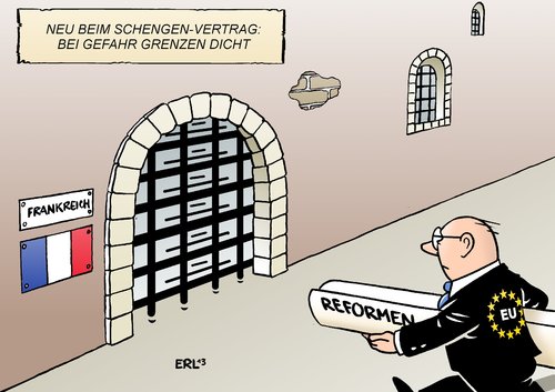 Cartoon: Frankreich Reformen (medium) by Erl tagged dicht,grenze,grenzen,vertrag,abkommen,schengen,neuerung,wettbewerbsfähigkeit,wirtschaft,reformen,frankreich,eu,gefahr,eu,frankreich,reformen