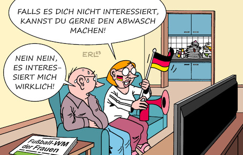 Cartoon: Frauenfußball-WM (medium) by Erl tagged politik,sport,fußball,weltmeisterschaft,wm,frauen,australien,neuseeland,interesse,männer,klischee,geschlechter,haushalt,abwasch,fernsehen,karikatur,erl,politik,sport,fußball,weltmeisterschaft,wm,frauen,australien,neuseeland,interesse,männer,klischee,geschlechter,haushalt,abwasch,fernsehen,karikatur,erl