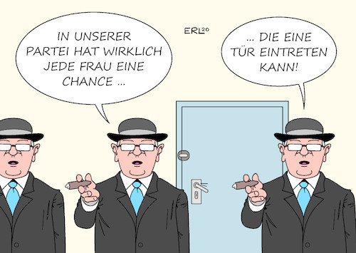 Cartoon: Frauenquote (medium) by Erl tagged politik,partei,wahl,listen,thüringen,paritätsgesetz,abwechslung,frau,mann,frauenquote,gleichberechtigung,klage,afd,karikatur,erl,politik,partei,wahl,listen,thüringen,paritätsgesetz,abwechslung,frau,mann,frauenquote,gleichberechtigung,klage,afd,karikatur,erl