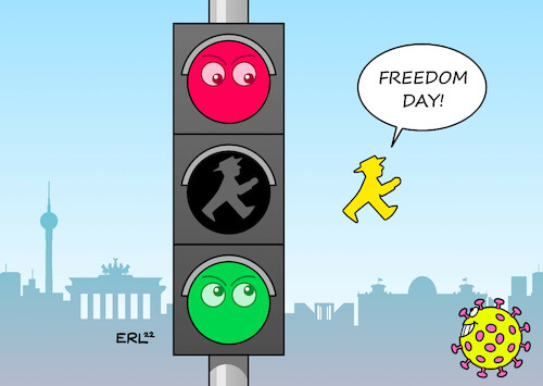 Cartoon: Freedom Day (medium) by Erl tagged politik,corona,virus,pandemie,covid19,welle,omikron,regierung,koalition,ampel,spd,grüne,fdp,alleingang,aufhebung,maßnahmen,20,märz,freedom,day,ampelmännchen,berlin,karikatur,erl,politik,corona,virus,pandemie,covid19,welle,omikron,regierung,koalition,ampel,spd,grüne,fdp,alleingang,aufhebung,maßnahmen,20,märz,freedom,day,ampelmännchen,berlin,karikatur,erl