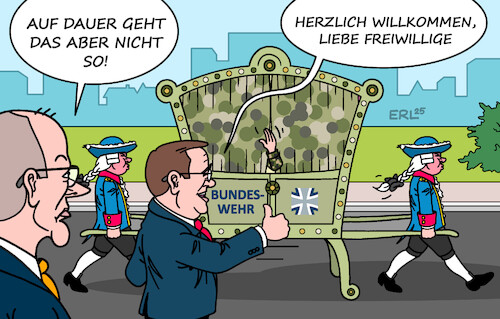 Cartoon: Freiwilliger Wehrdienst (medium) by Erl tagged politik,verteidigung,bundeswehr,wehrdienst,freiwillig,wehrpflicht,merz,pistorius,sänfte,karikatur,erl,politik,verteidigung,bundeswehr,wehrdienst,freiwillig,wehrpflicht,merz,pistorius,sänfte,karikatur,erl