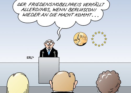 Cartoon: Friedensnobelpreis (medium) by Erl tagged friedensnobelpreis,eu,europa,italien,rücktritt,monti,ankündigung,comeback,berlusconi,friedensnobelpreis,eu,europa,italien,rücktritt,monti,ankündigung,comeback,berlusconi