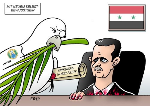 Cartoon: Friedensnobelpreis (medium) by Erl tagged hände,blut,assad,diktator,syrien,vernichtung,chemiewaffen,opcw,friedensnobelpreis,bürgerkrieg,überwachung,beobachtung,stärkung,selbstbewusstsein,frieden,friedenstaube,friedensnobelpreis,opcw,chemiewaffen,vernichtung,syrien,diktator,assad,blut,hände,bürgerkrieg,überwachung,beobachtung,stärkung,selbstbewusstsein,frieden,friedenstaube