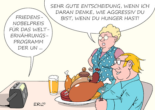 Cartoon: Friedensnobelpreis (medium) by Erl tagged politik,nobelpreis,frieden,oslo,friedensnobelpreis,welternährungsprogramm,un,hunger,aggression,verteilungskämpfe,krieg,nahrungsmittel,ernährung,zufriedenheit,karikatur,erl,politik,nobelpreis,frieden,oslo,friedensnobelpreis,welternährungsprogramm,un,hunger,aggression,verteilungskämpfe,krieg,nahrungsmittel,ernährung,zufriedenheit,karikatur,erl