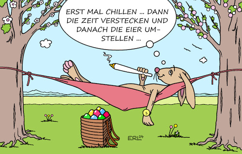 Cartoon: Frohe Ostern! (medium) by Erl tagged politik,ostern,2024,osterhase,eier,verstecken,zeitumstellung,uhr,vorstellen,stunde,ab,april,cannabis,legal,legalisierung,chillen,joint,hängematte,karikatur,erl,politik,ostern,2024,osterhase,eier,verstecken,zeitumstellung,uhr,vorstellen,stunde,ab,april,cannabis,legal,legalisierung,chillen,joint,hängematte,karikatur,erl