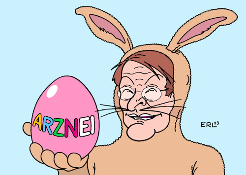 Cartoon: Frohe Ostern mit Karl Lauterbach (medium) by Erl tagged politik,gesundheit,medizin,pharmazie,knappheit,engpass,lieferengpass,medikamente,kosten,herstellung,verlagerung,asien,produktion,ausfall,lieferketten,lösung,vorschlag,gesundheitsminister,karl,lauterbach,rendite,pharmaunternehmen,hersteller,osterhase,ostern,osterei,karikatur,erl,politik,gesundheit,medizin,pharmazie,knappheit,engpass,lieferengpass,medikamente,kosten,herstellung,verlagerung,asien,produktion,ausfall,lieferketten,lösung,vorschlag,gesundheitsminister,karl,lauterbach,rendite,pharmaunternehmen,hersteller,osterhase,ostern,osterei,karikatur,erl