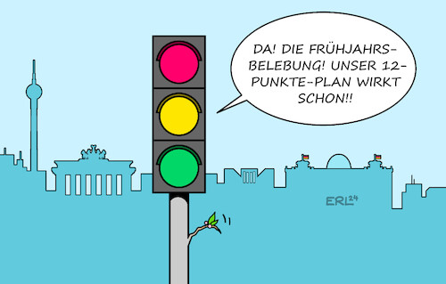 Cartoon: Frühjahrsbelebung (medium) by Erl tagged politik,wirtschaft,bundesregierung,ampel,spd,grüne,fdp,wirtschaftswende,belebung,12,zwölf,punkte,plan,frühjahrsbelebung,wachstum,klein,minimal,karikatur,erl,politik,wirtschaft,bundesregierung,ampel,spd,grüne,fdp,wirtschaftswende,belebung,12,zwölf,punkte,plan,frühjahrsbelebung,wachstum,klein,minimal,karikatur,erl