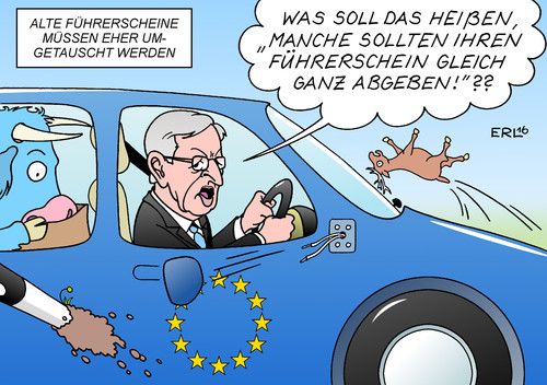 Cartoon: Führerscheine (medium) by Erl tagged führerschein,alt,unbefristet,umtausch,neu,befristet,eu,juncker,führung,brexit,kritik,demokratie,fahrstil,auto,alter,abgabe,stier,übelkeit,karikatur,erl,führerschein,alt,unbefristet,umtausch,neu,befristet,eu,juncker,führung,brexit,kritik,demokratie,fahrstil,auto,alter,abgabe,stier,übelkeit,karikatur,erl