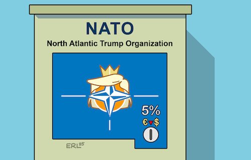 Cartoon: Fünf Prozent (medium) by Erl tagged politik,nato,trump,erhöhung,ausgaben,fünf,prozent,verteidigung,aggression,putin,karikatur,erl,politik,nato,trump,erhöhung,ausgaben,fünf,prozent,verteidigung,aggression,putin,karikatur,erl