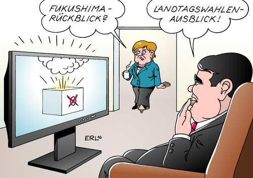 Cartoon: Fukushima Landtagswahlen (medium) by Erl tagged fukushima,akw,atomkraftwerk,reaktor,supergau,zerstörung,radioaktivität,jahre,fernsehen,nachrichten,rückblick,ausblick,landtagswahlen,baden,württemberg,rheinland,pfalz,sachsen,anhalt,explosion,explosiv,erdbeben,cdu,spd,merkel,gabriel,flüchtlinge,flüchtlingskrise,karikatur,erl,fukushima,akw,atomkraftwerk,reaktor,supergau,zerstörung,radioaktivität,jahre,fernsehen,nachrichten,rückblick,ausblick,landtagswahlen,baden,württemberg,rheinland,pfalz,sachsen,anhalt,explosion,explosiv,erdbeben,cdu,spd,merkel,gabriel,flüchtlinge,flüchtlingskrise,karikatur,erl