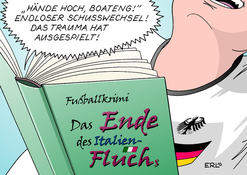 Cartoon: Fußballkrimi (medium) by Erl tagged fußball,em,2016,frankreich,europameisterschaft,viertelfinale,deutschland,italien,spannung,handspiel,elfmeter,verlängerung,elfmeterschießen,trauma,fluch,ende,sieg,sport,fußballkrimi,krimi,buch,karikatur,erl,fußball,em,2016,frankreich,europameisterschaft,viertelfinale,deutschland,italien,spannung,handspiel,elfmeter,verlängerung,elfmeterschießen,trauma,fluch,ende,sieg,sport,fußballkrimi,krimi,buch,karikatur,erl